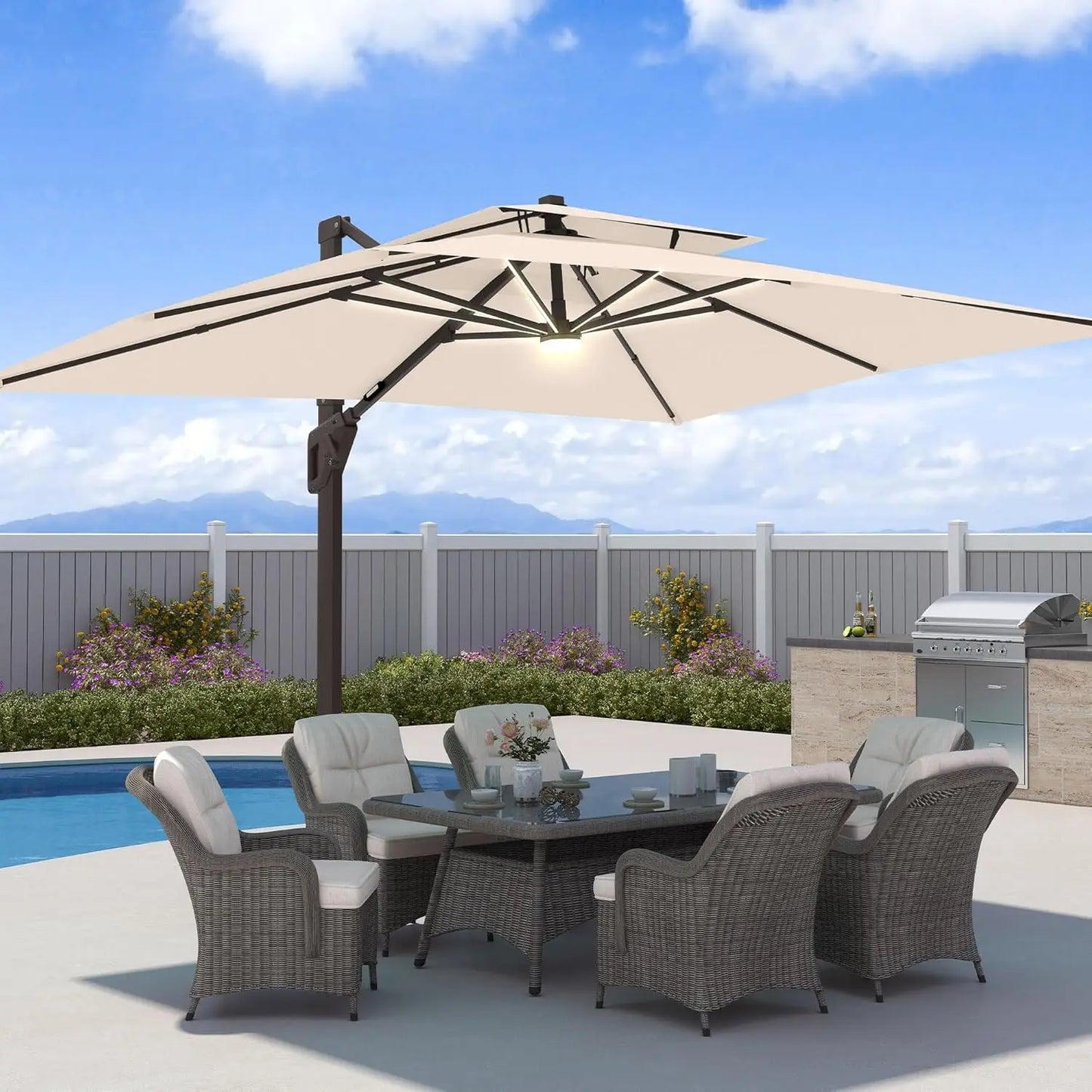 GUOHE Patio Cantilever Umbrella With LED Lights Aluminum Frame