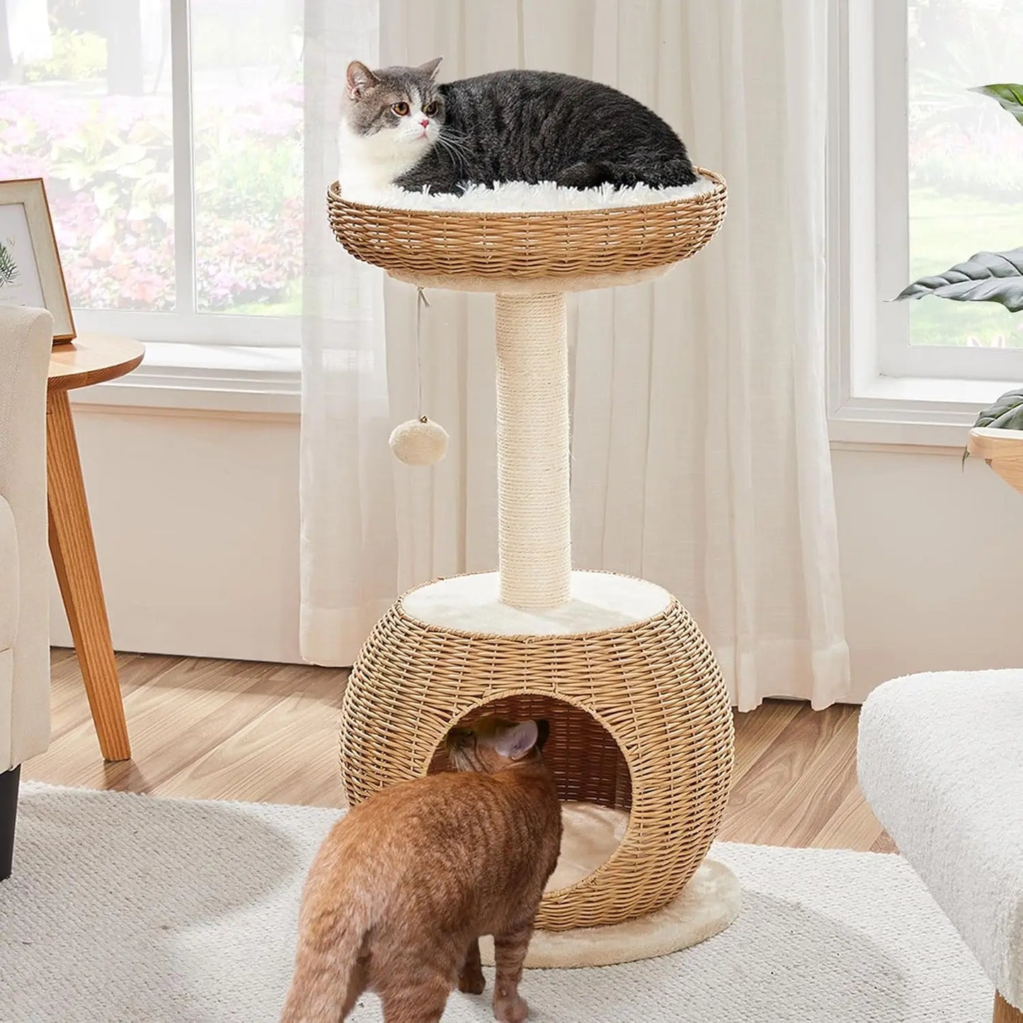 Cat Tree Rattan Tower With Scratching Post And Woven Condo