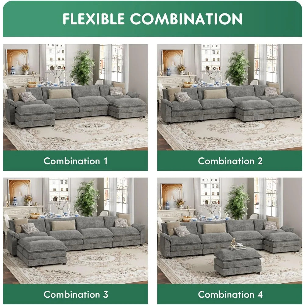 U Shaped Chenille Sectional Sofa With Removable Ottoman Sleeper