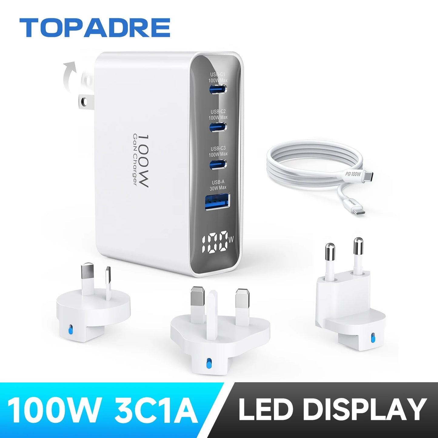 100W USB C Travel Charger With 4 Ports Foldable Plug