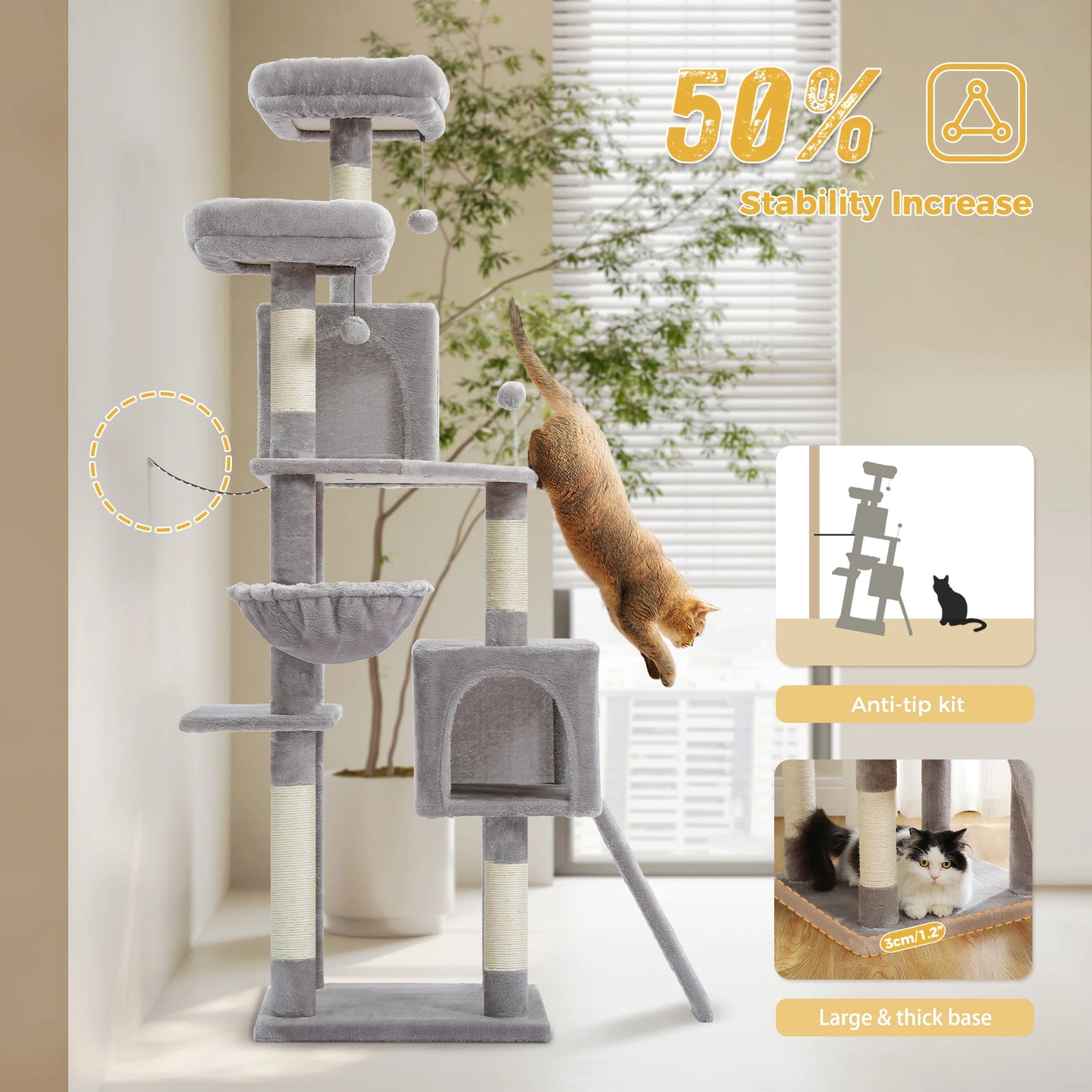 PAWZ Road Multi-Level Cat Tree With Sisal Post Hammock