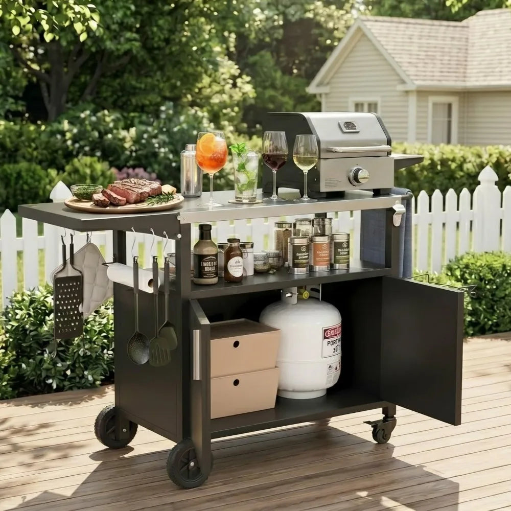 Outdoor Grill Cart With Foldable Stainless Steel Top And Wheels