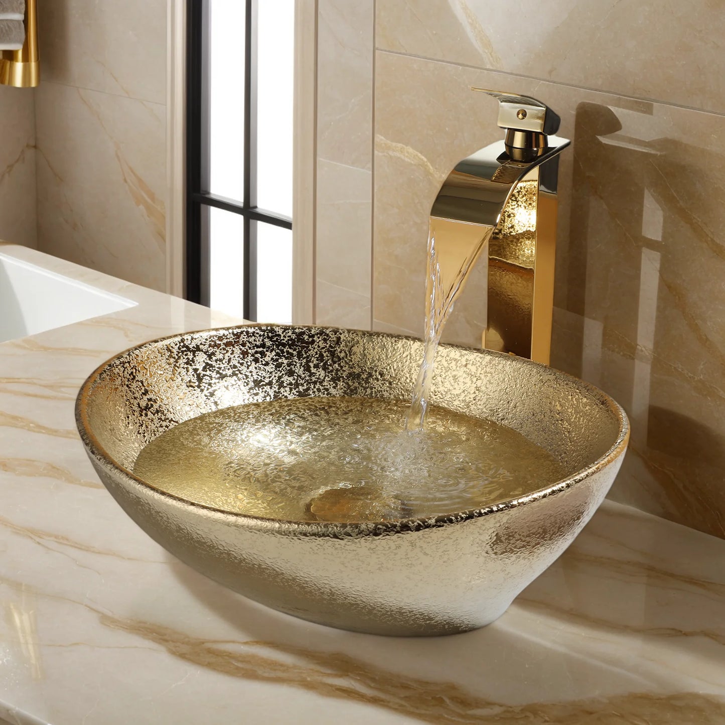 MEKKHALA Marble Oval Vessel Sink With Faucet Above Counter