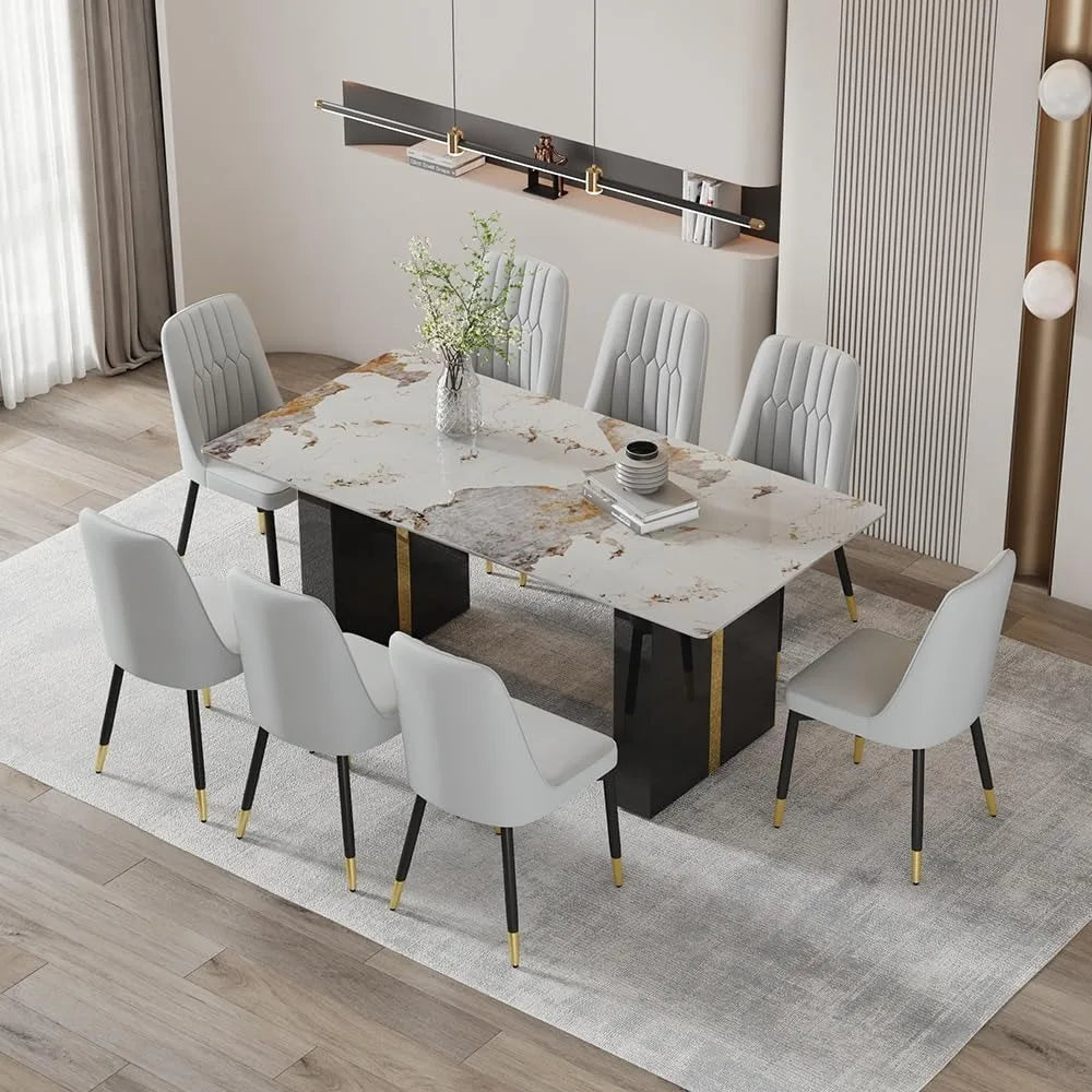 Modern Faux Marble Dining Table Set With PU Leather Chairs