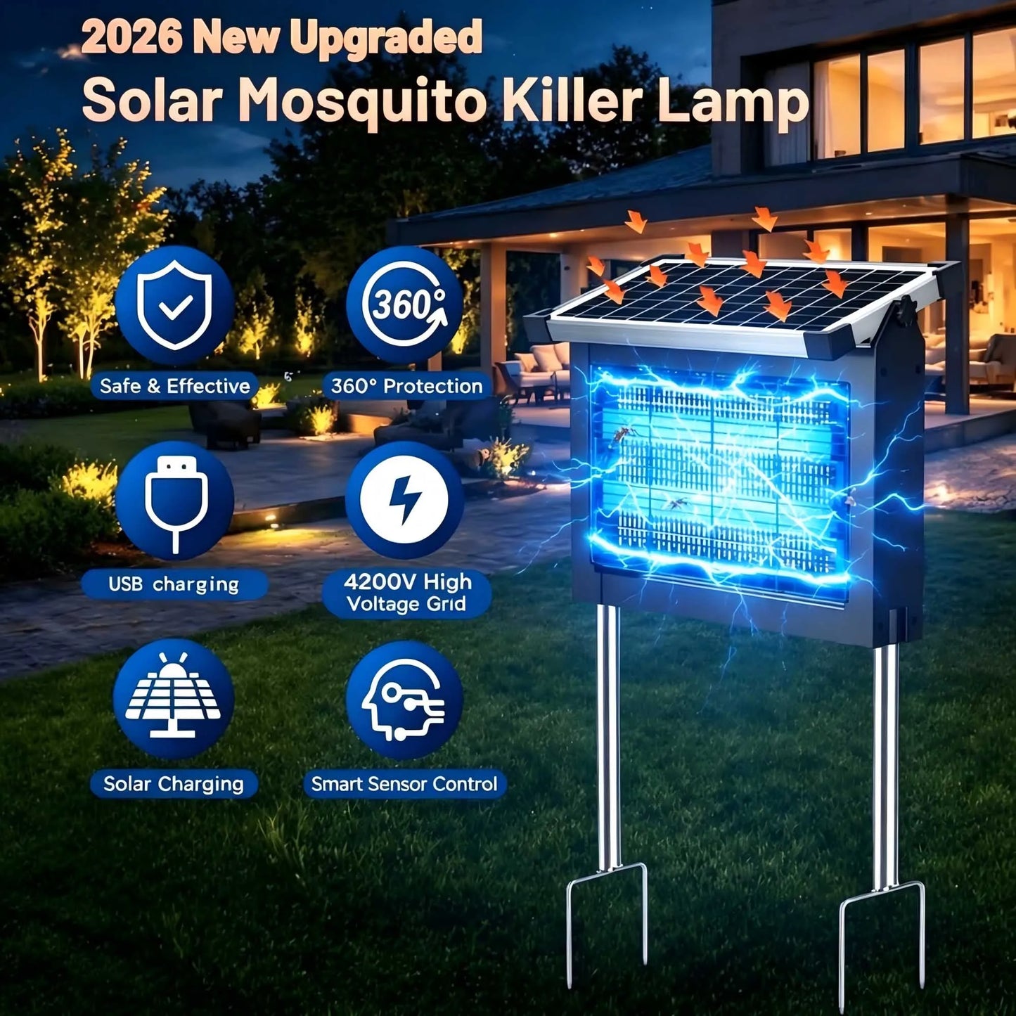 Solar Bug Zapper 4500V Waterproof Outdoor Mosquito Trap For Garden