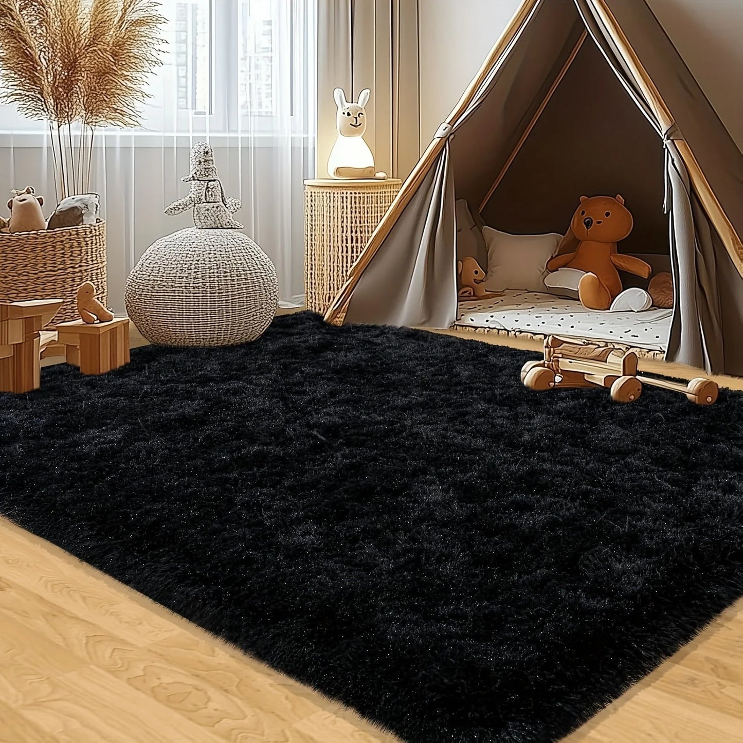 Soft Plush Area Rug Black Large Fluffy Living Room Decor