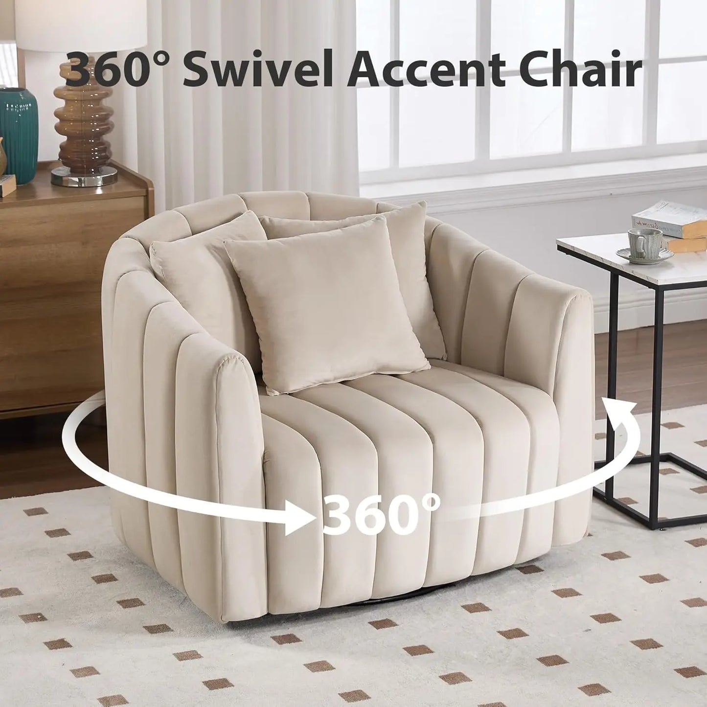 Velvet Swivel Barrel Chair With Ottoman And Pillows Living Room