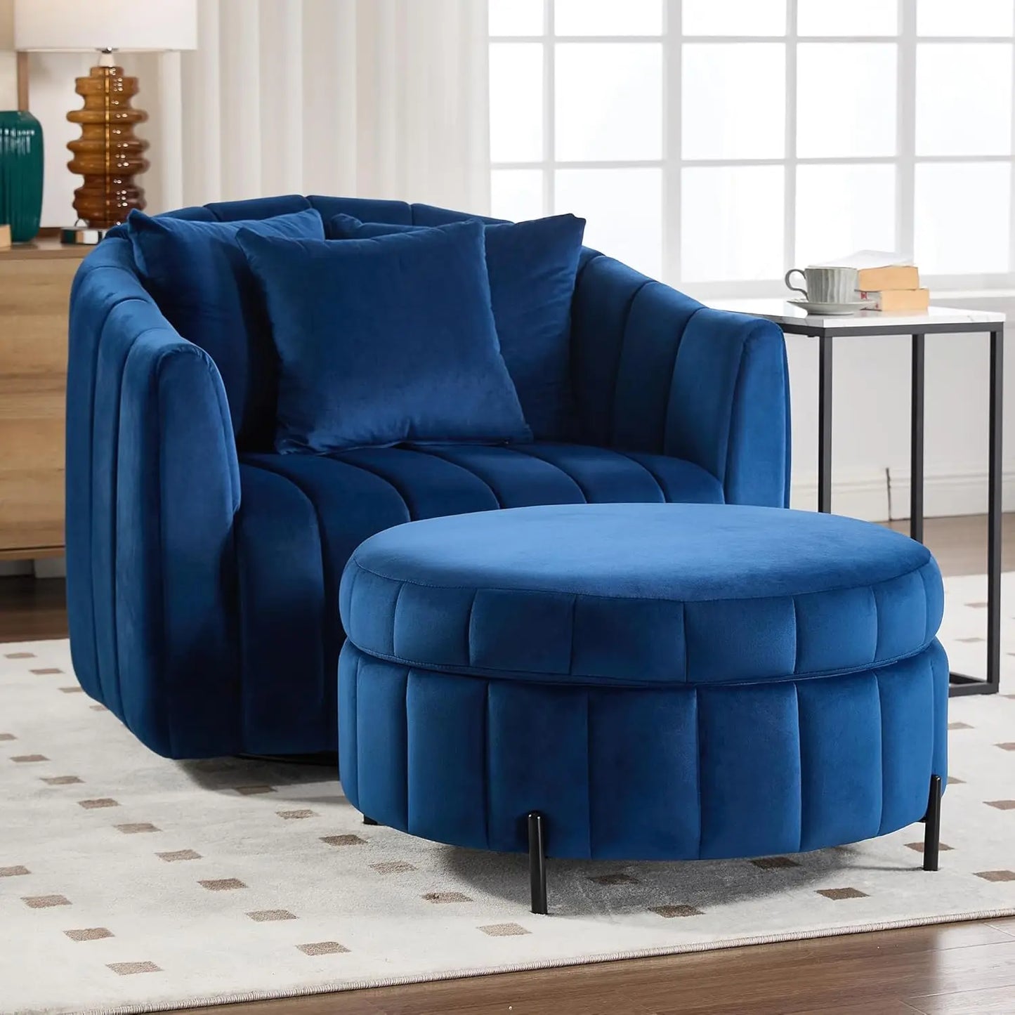 Velvet Swivel Barrel Chair With Ottoman And Pillows Living Room