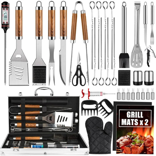 NBVCX Stainless Steel BBQ Tool Set With Thermometer Grill Mats Aluminum Case