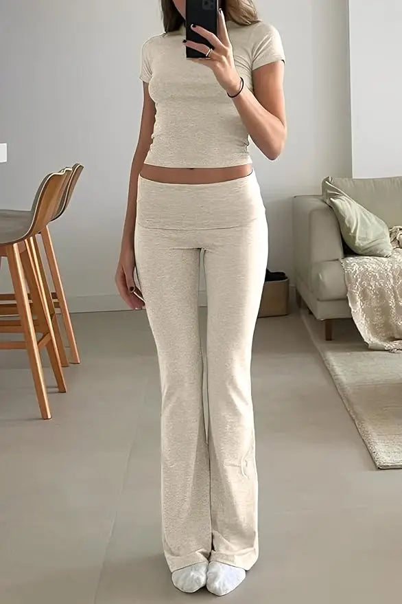 Womens Two Piece Yoga Set Short Sleeve Top Flared Pants