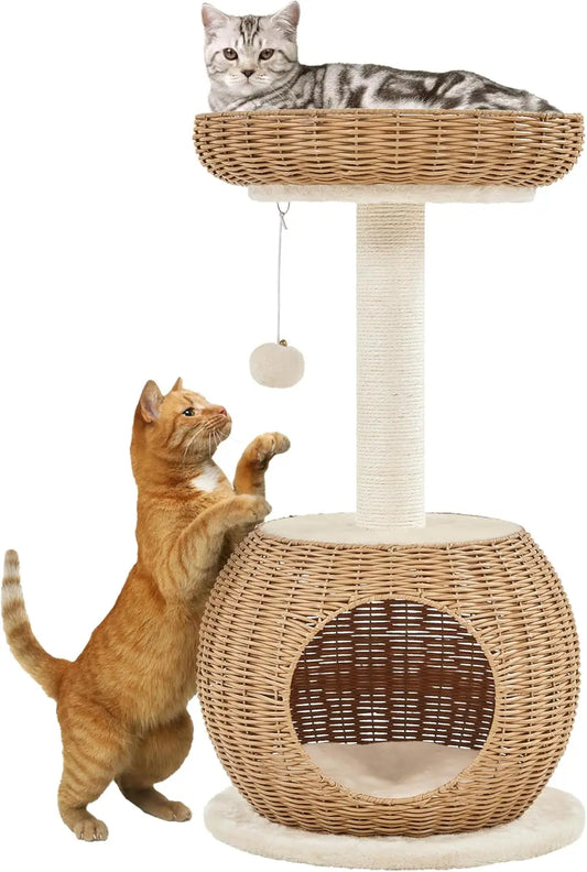 Cat Tree Rattan Tower With Scratching Post And Woven Condo