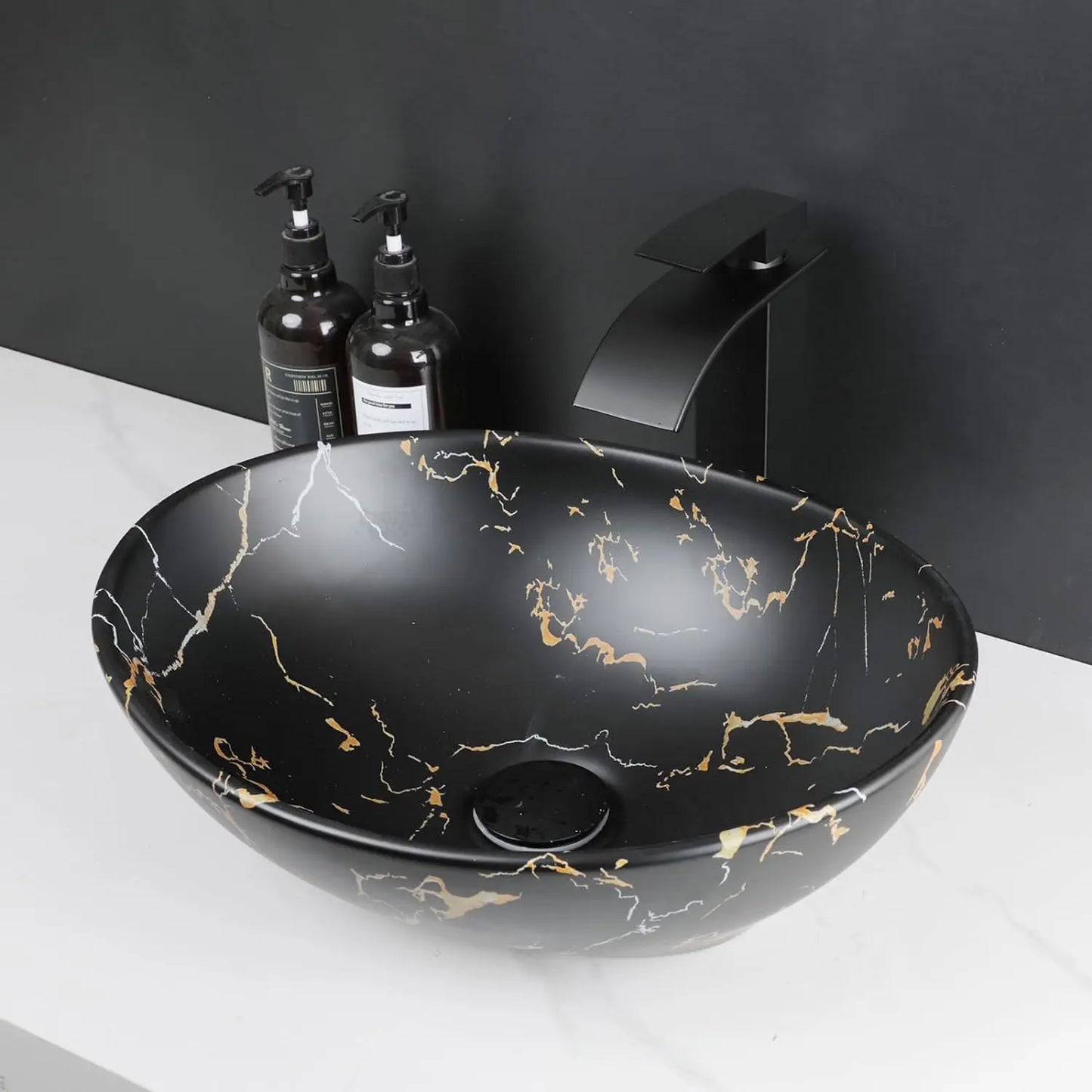 MEKKHALA Marble Oval Vessel Sink With Faucet Above Counter