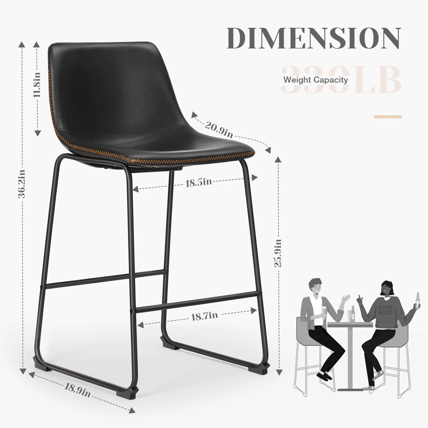 JHK Pu Leather Bar Stools Set Of 2 Modern Cushioned