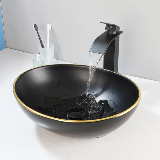 MEKKHALA Marble Oval Vessel Sink With Faucet Above Counter