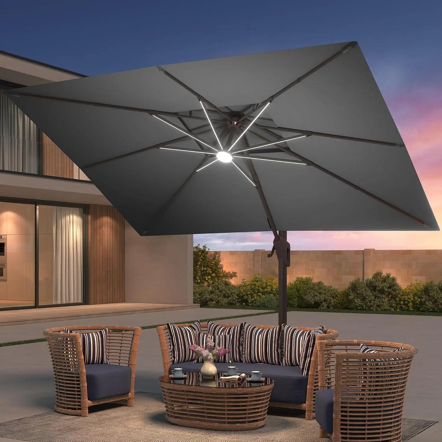 GUOHE Patio Cantilever Umbrella With LED Lights Aluminum Frame