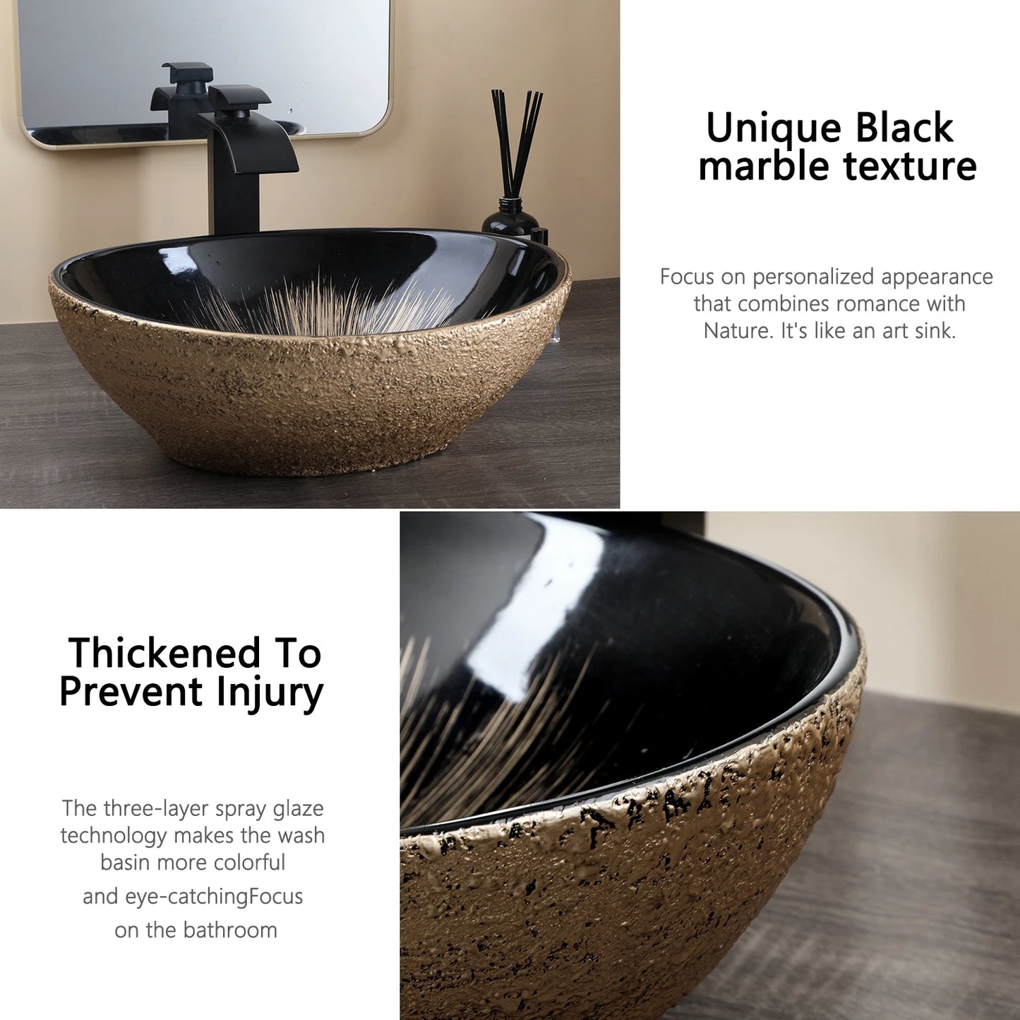 MEKKHALA Marble Oval Vessel Sink With Faucet Above Counter