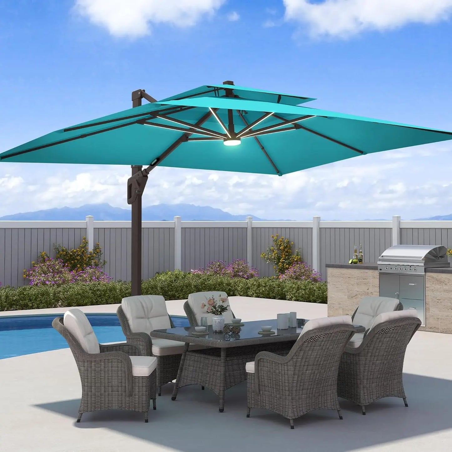 GUOHE Patio Cantilever Umbrella With LED Lights Aluminum Frame
