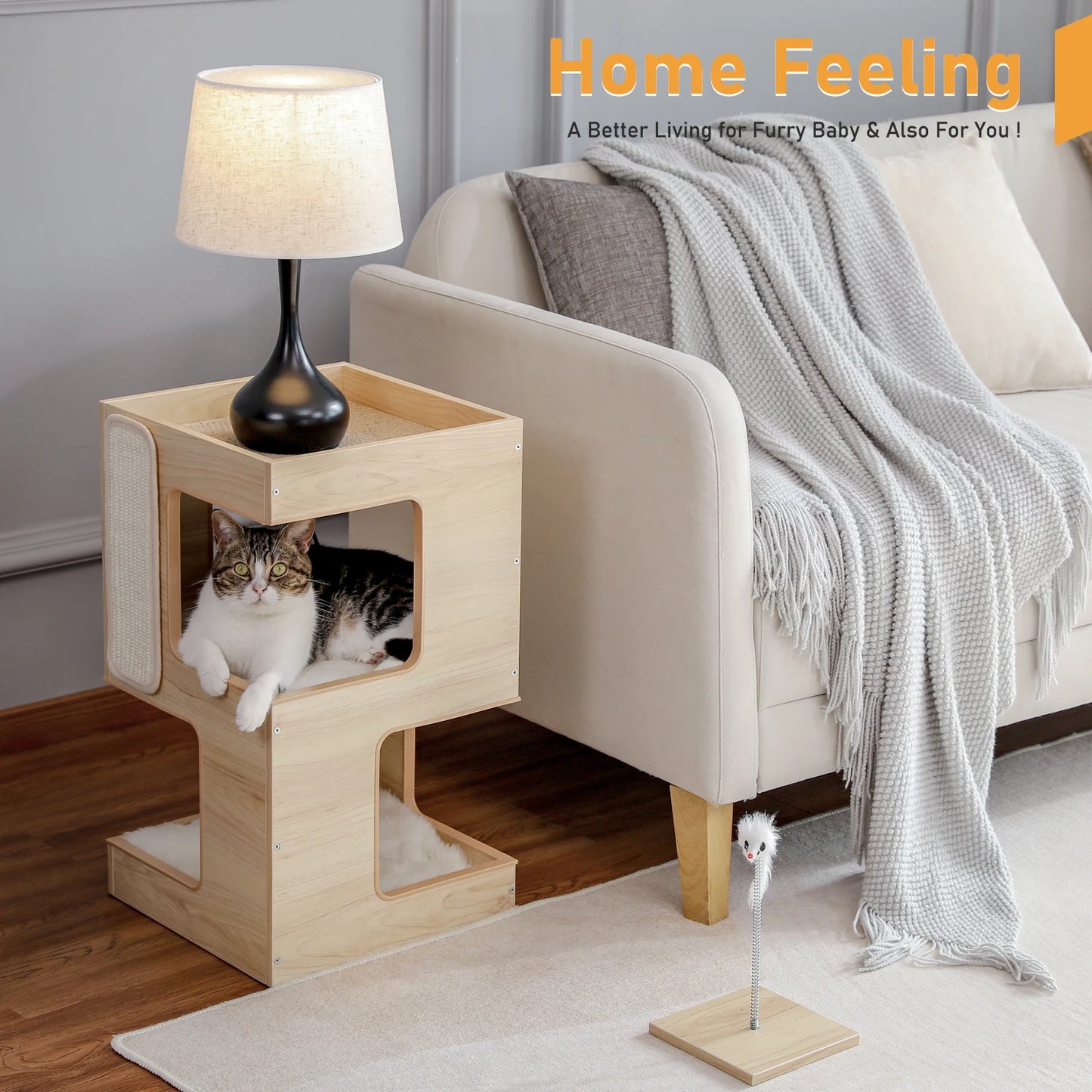 PAWZ Road Wood Cat Condo Cat Tree With Scratching Pad