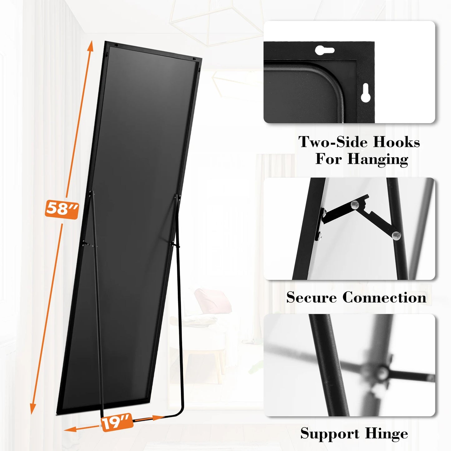 JHK Full Length Mirror With Stand Aluminum Frame For Bedroom