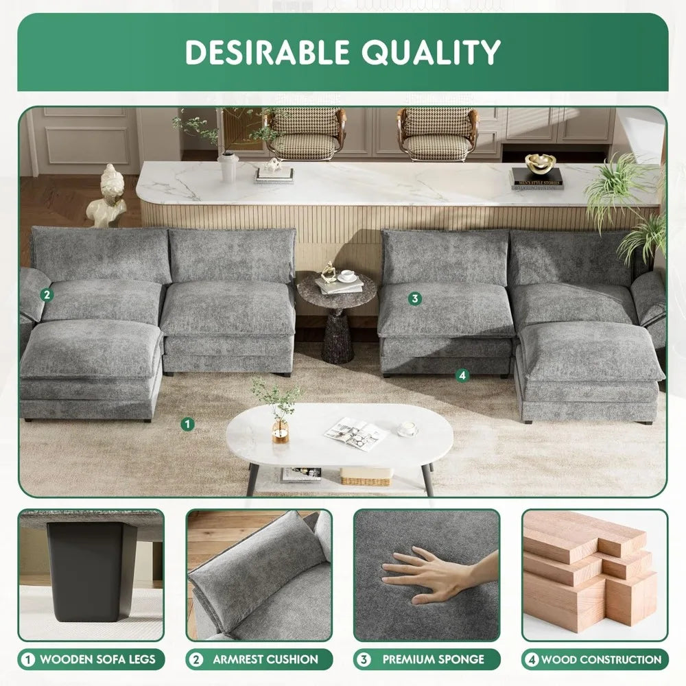 U Shaped Chenille Sectional Sofa With Removable Ottoman Sleeper