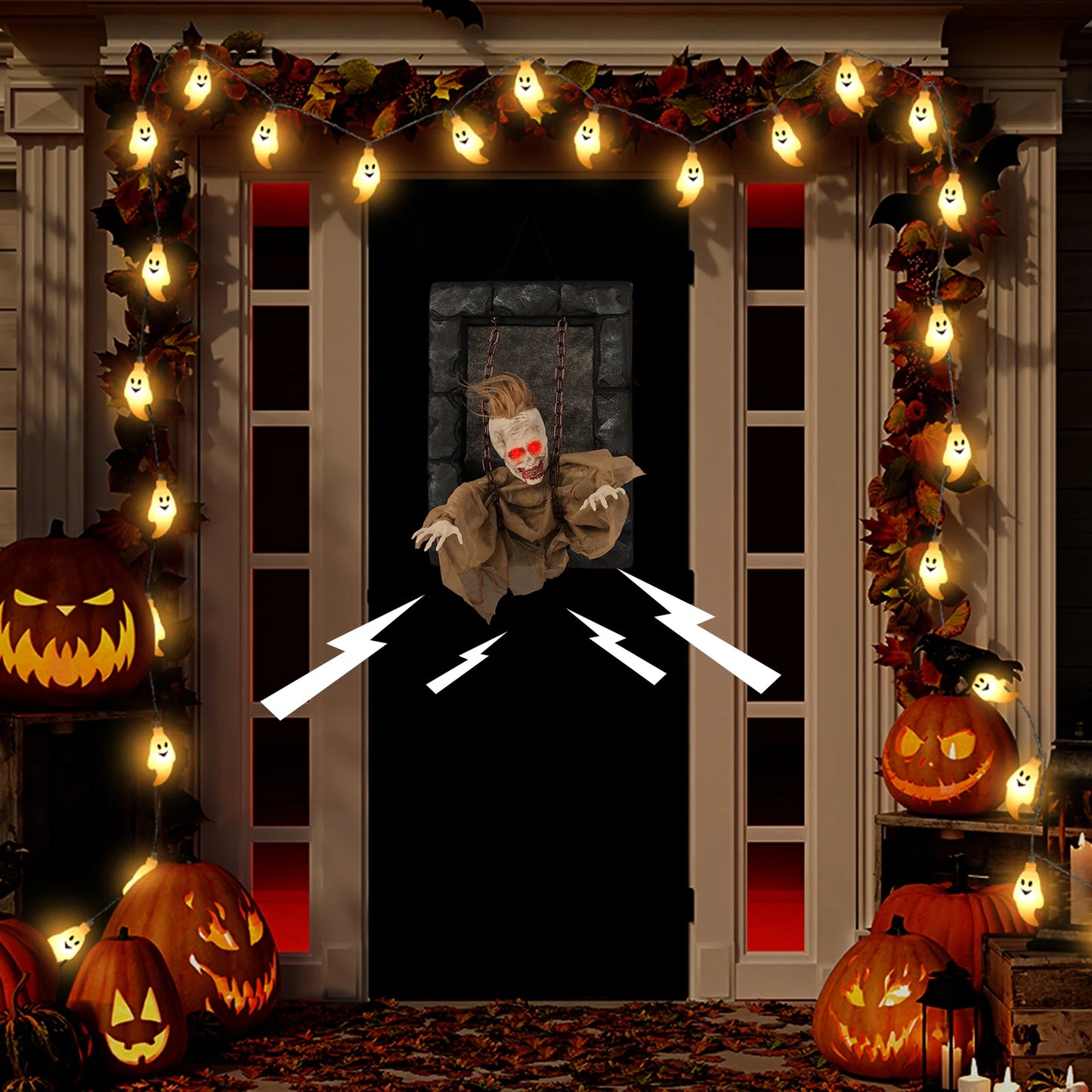 LIFEZEAL Halloween Hanging Animated Zombie Prisoner Decoration With Glowing Eyes
