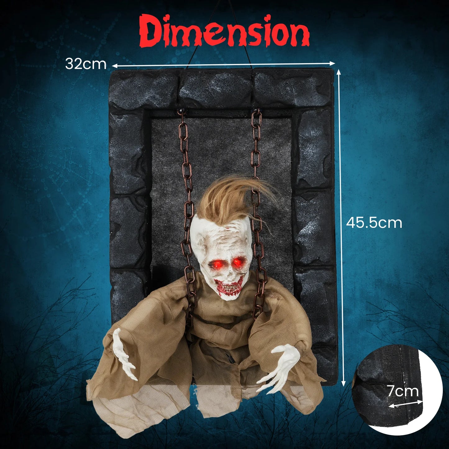 LIFEZEAL Halloween Hanging Animated Zombie Prisoner Decoration With Glowing Eyes