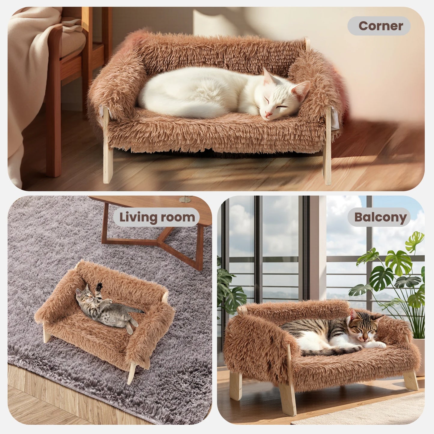 Raised Plush Cat Sofa Bed With Wooden Legs Indoor Cats