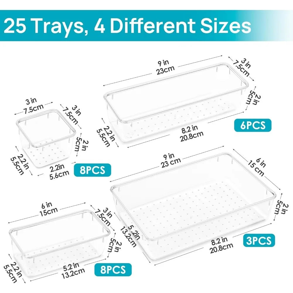Clear Plastic Drawer Organizers Set 25 Pieces Versatile Vanity Trays