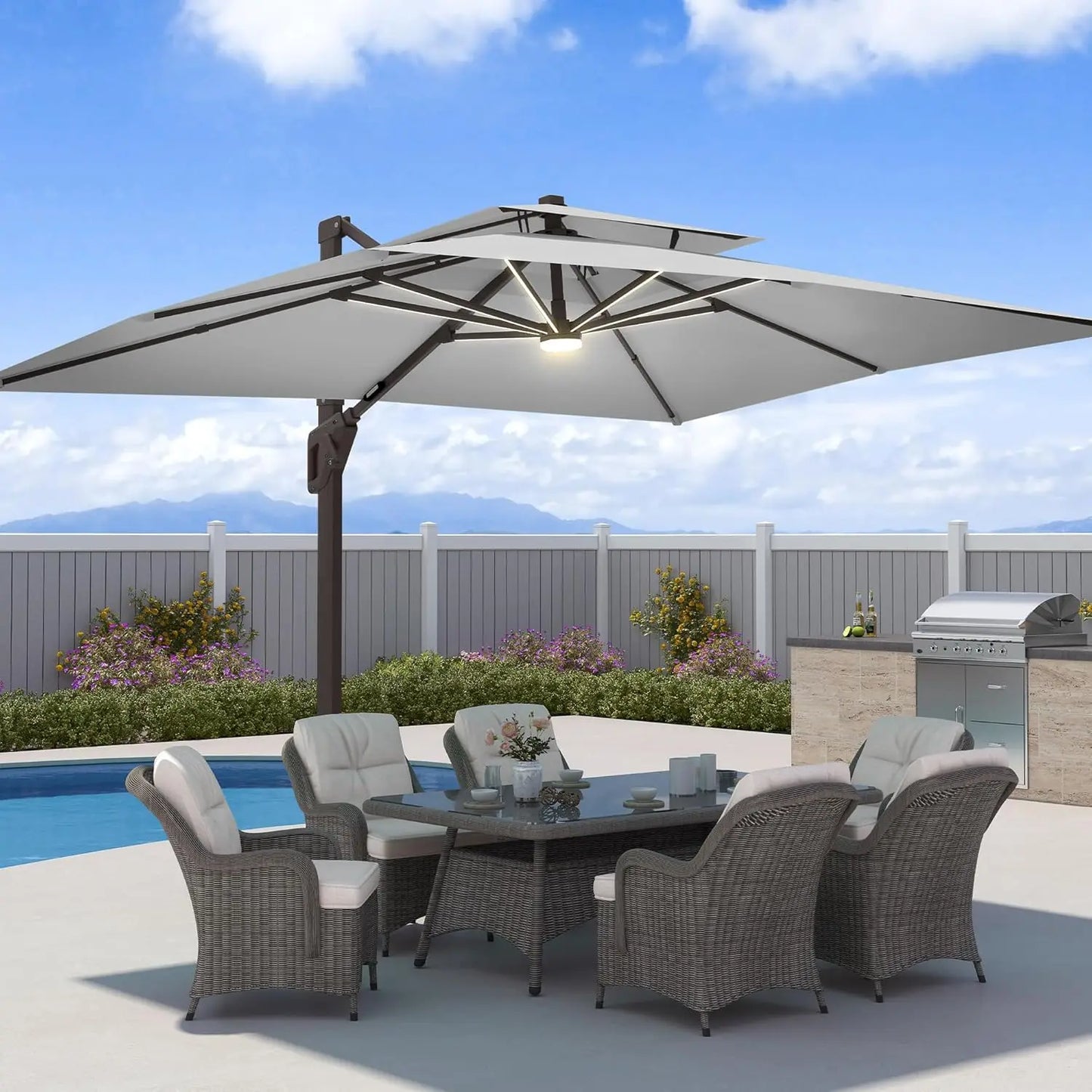GUOHE Patio Cantilever Umbrella With LED Lights Aluminum Frame