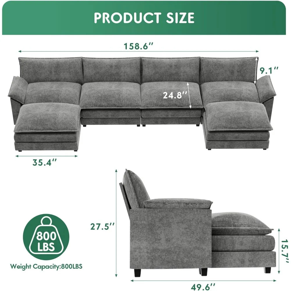 U Shaped Chenille Sectional Sofa With Removable Ottoman Sleeper
