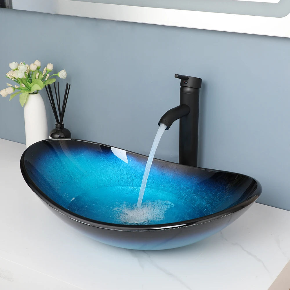 JIENI Tempered Glass Hand Painted Waterfall Basin Brass Faucet Set