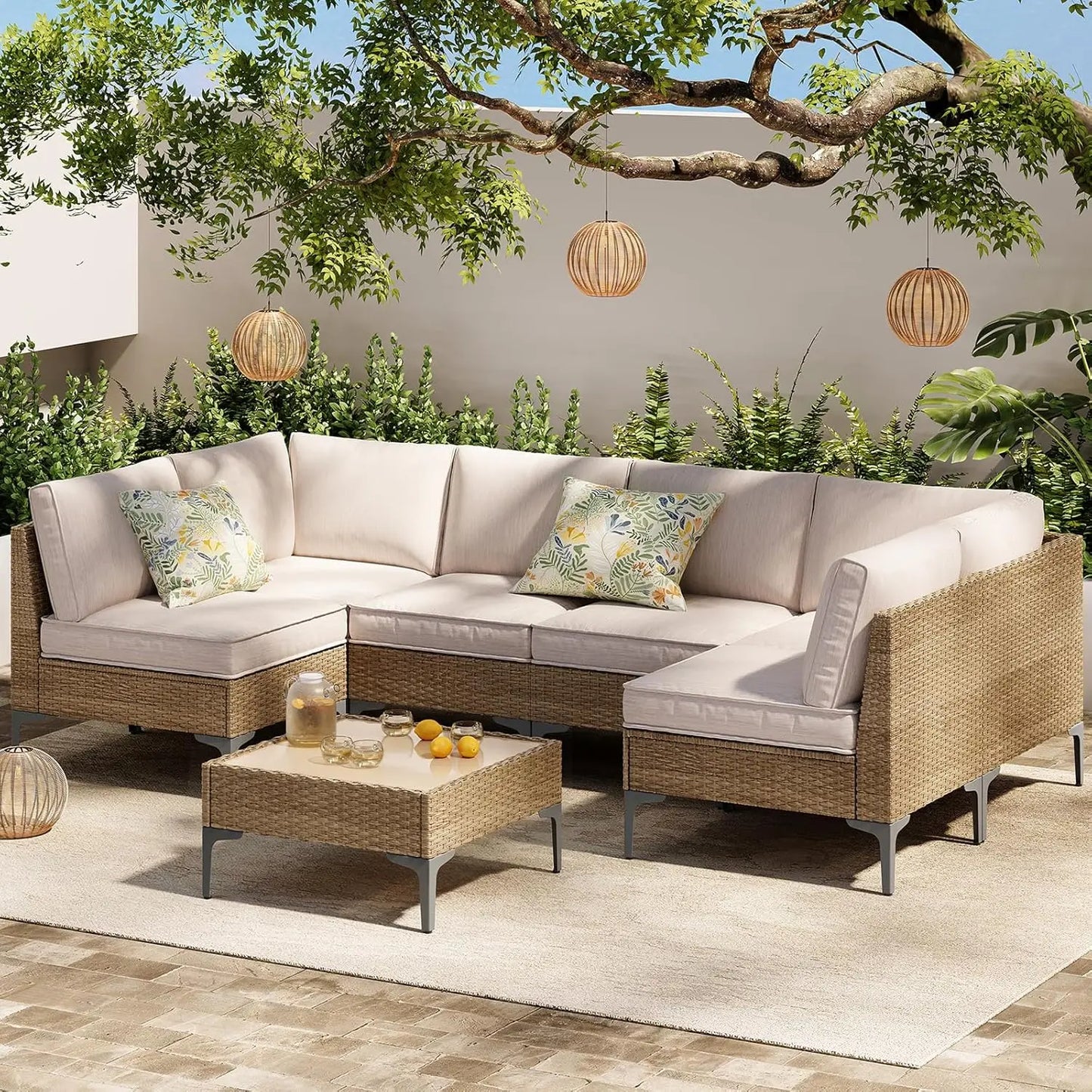 7-Piece Patio Furniture Set Outdoor Wicker Sectional With All-Weather Cushions