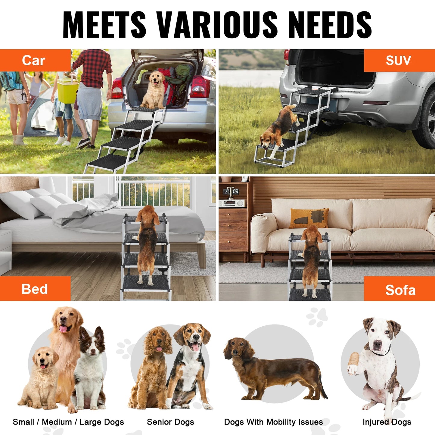SucceBuy Dog Stair For Cars Folding Portable Pet Steps Aluminum