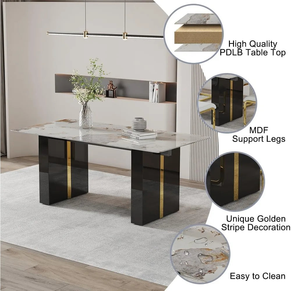 Modern Faux Marble Dining Table Set With PU Leather Chairs