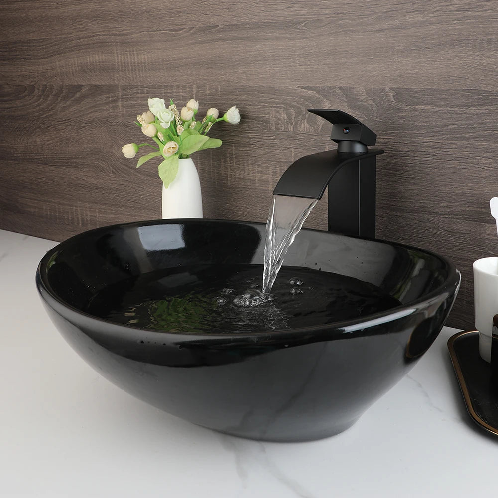 MEKKHALA Marble Oval Vessel Sink With Faucet Above Counter