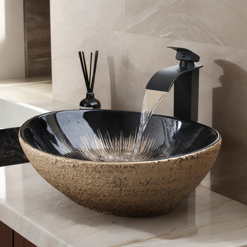 MEKKHALA Marble Oval Vessel Sink With Faucet Above Counter
