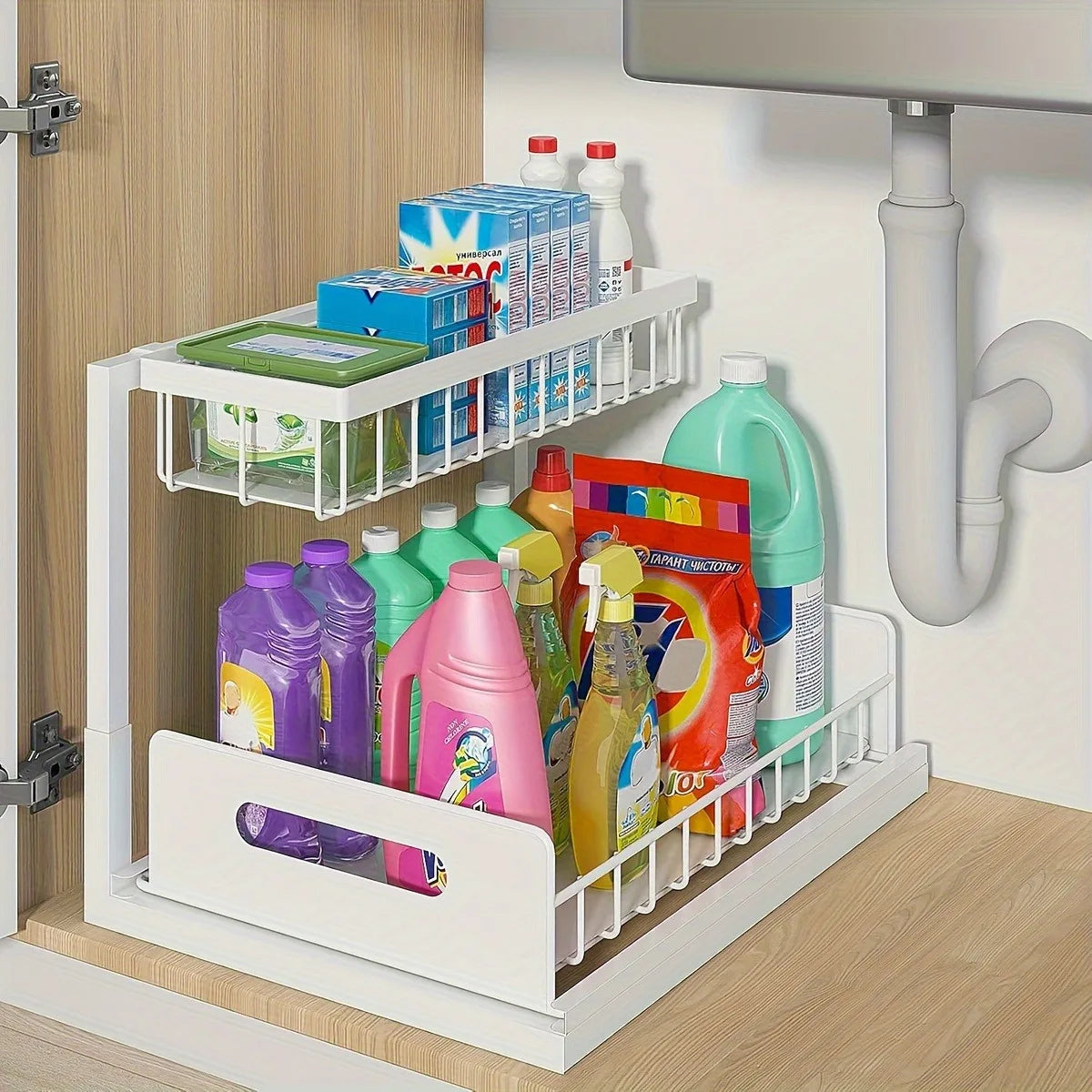 Sliding Pull-Out Cabinet Rack for Lower Sink Kitchen Storage