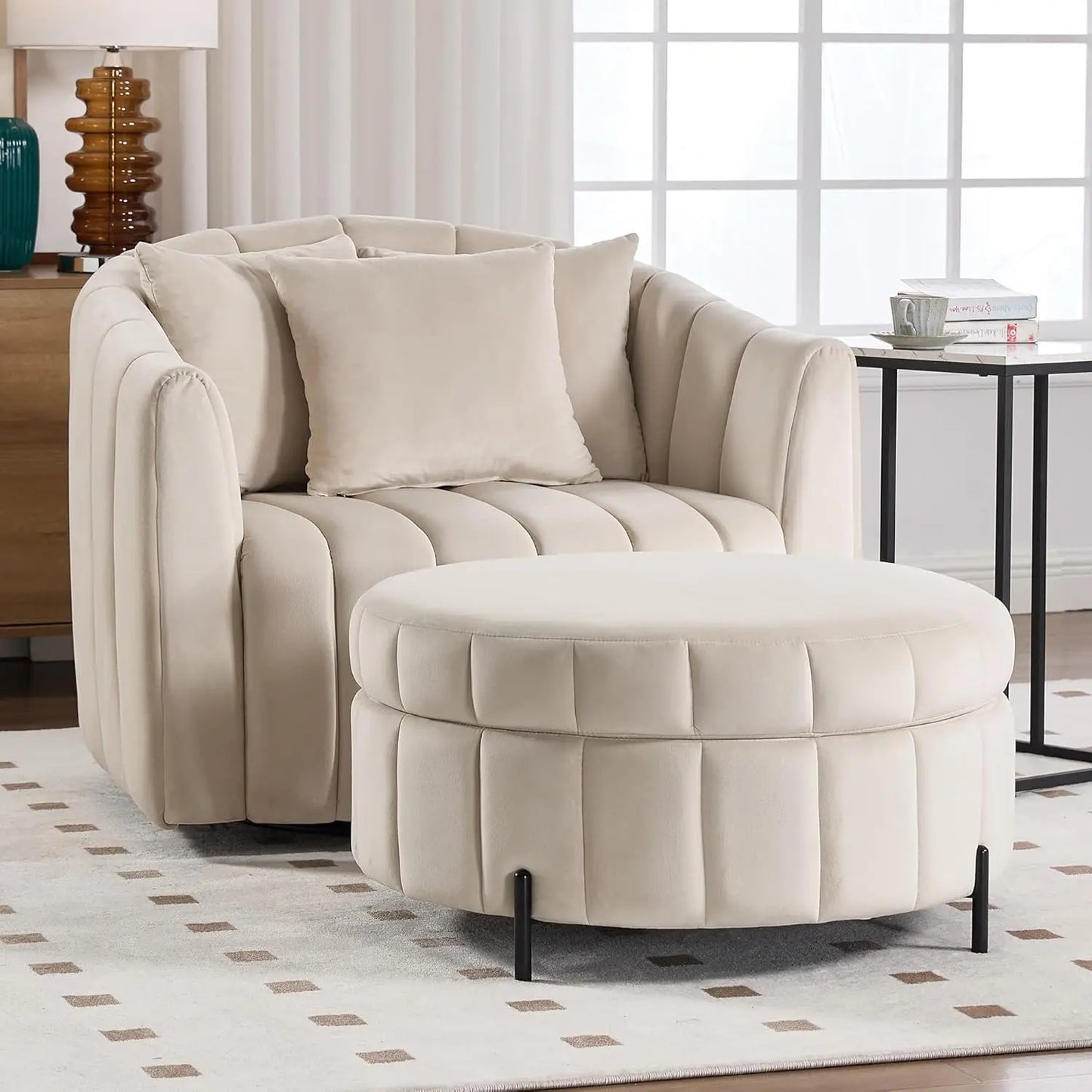 Velvet Swivel Barrel Chair With Ottoman And Pillows Living Room