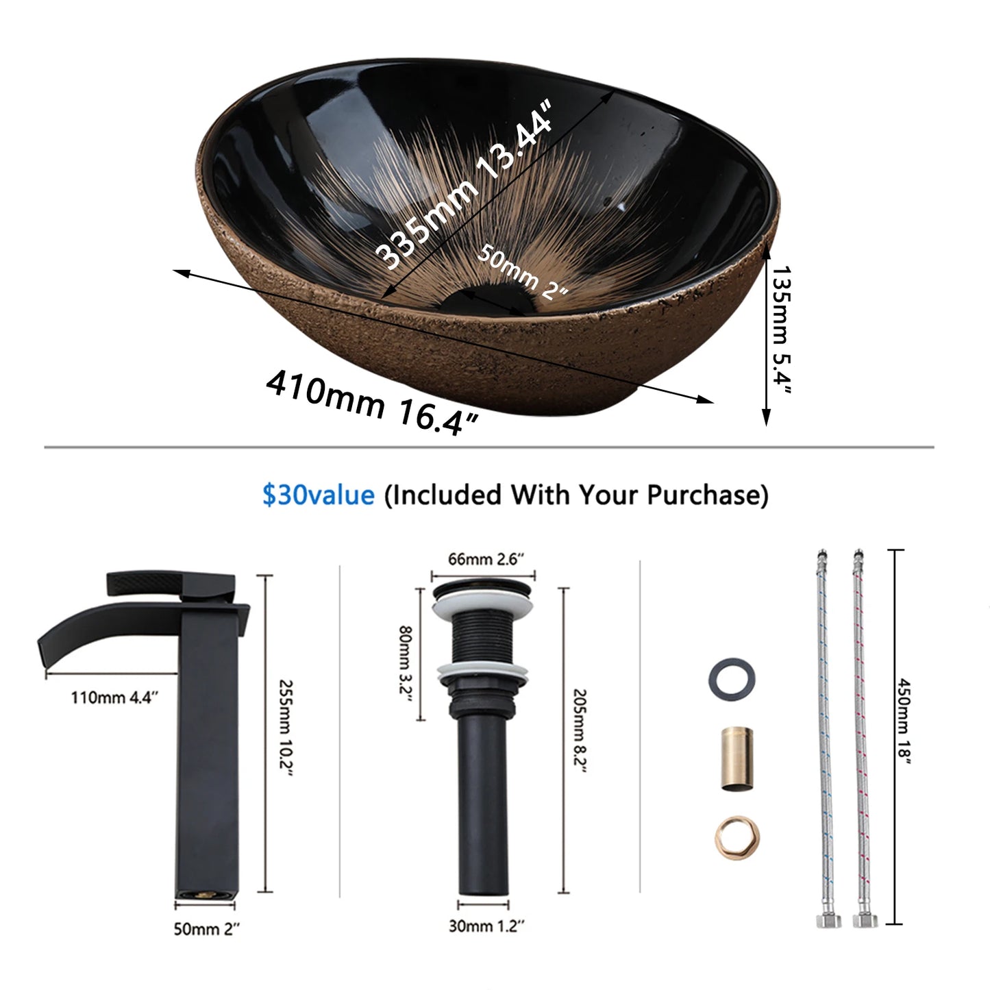 MEKKHALA Marble Oval Vessel Sink With Faucet Above Counter