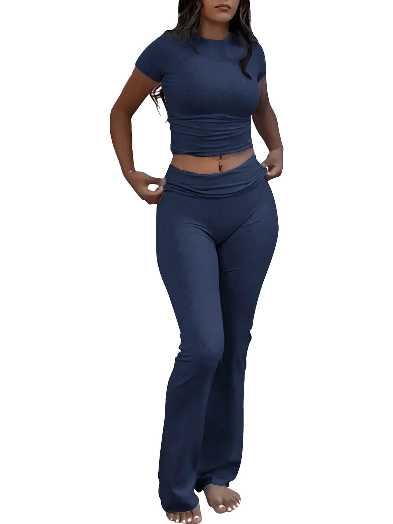 Womens Two Piece Yoga Set Short Sleeve Top Flared Pants