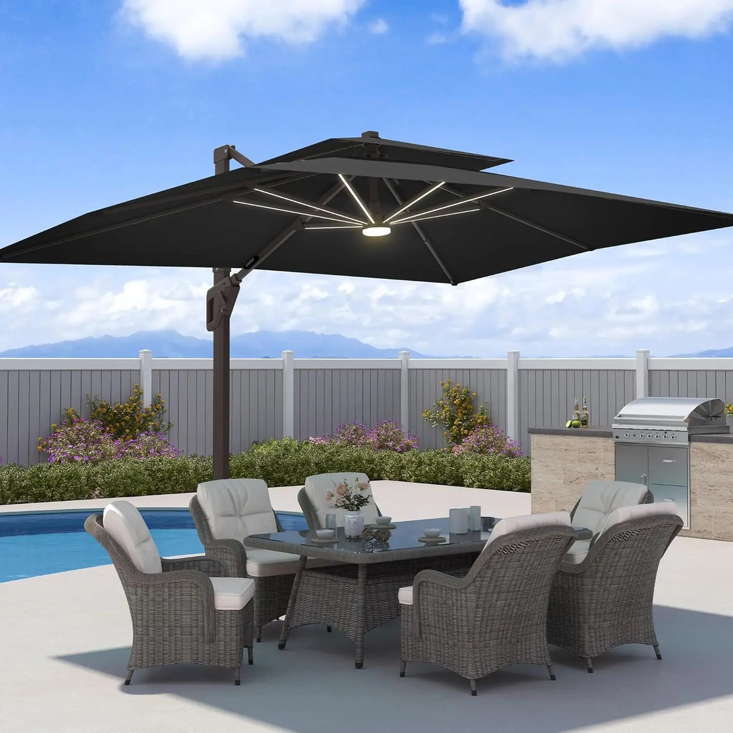 GUOHE Patio Cantilever Umbrella With LED Lights Aluminum Frame