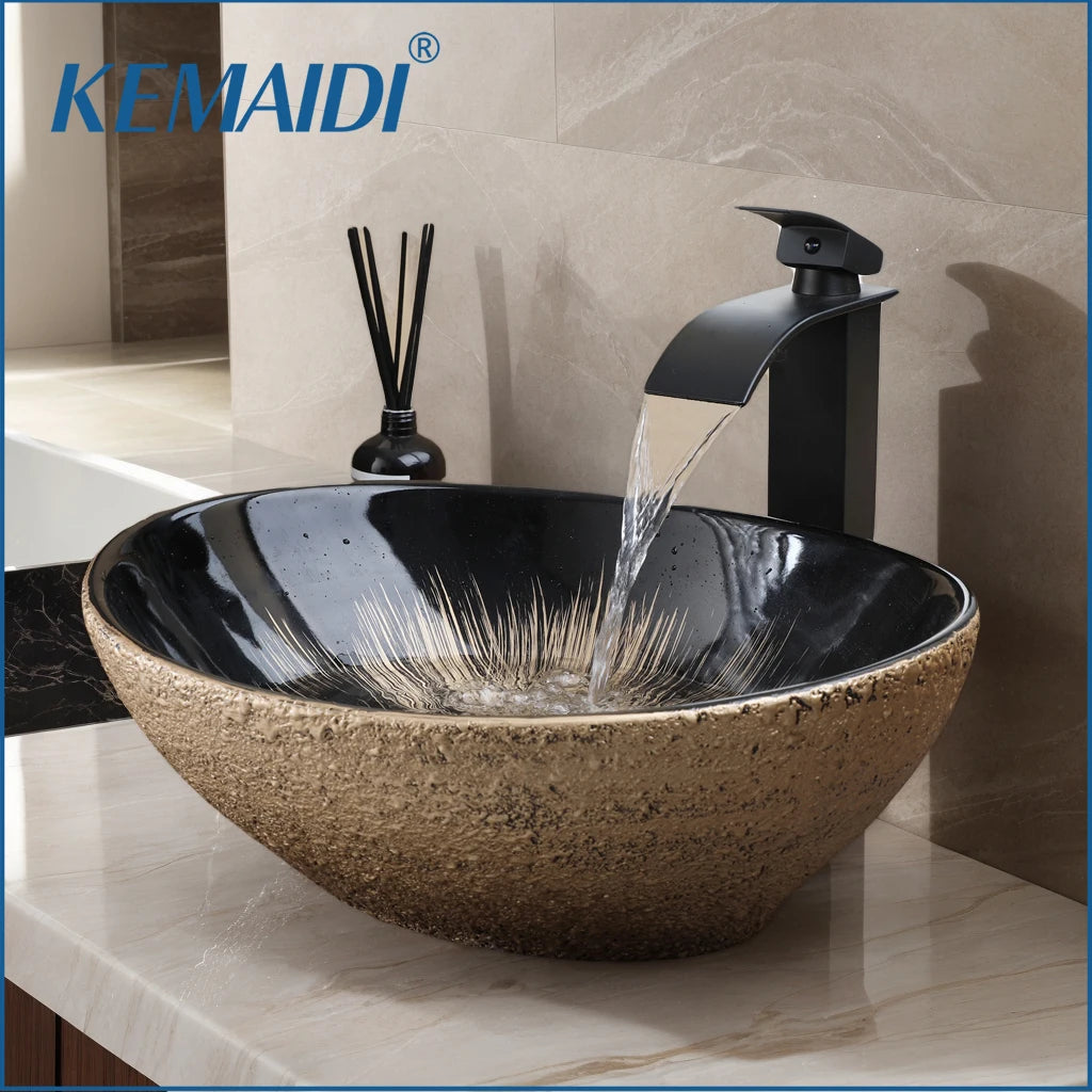 MEKKHALA Marble Oval Vessel Sink With Faucet Above Counter