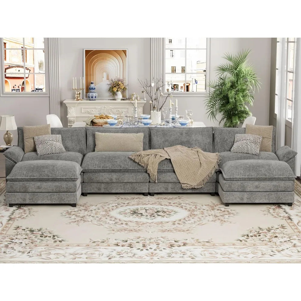 U Shaped Chenille Sectional Sofa With Removable Ottoman Sleeper