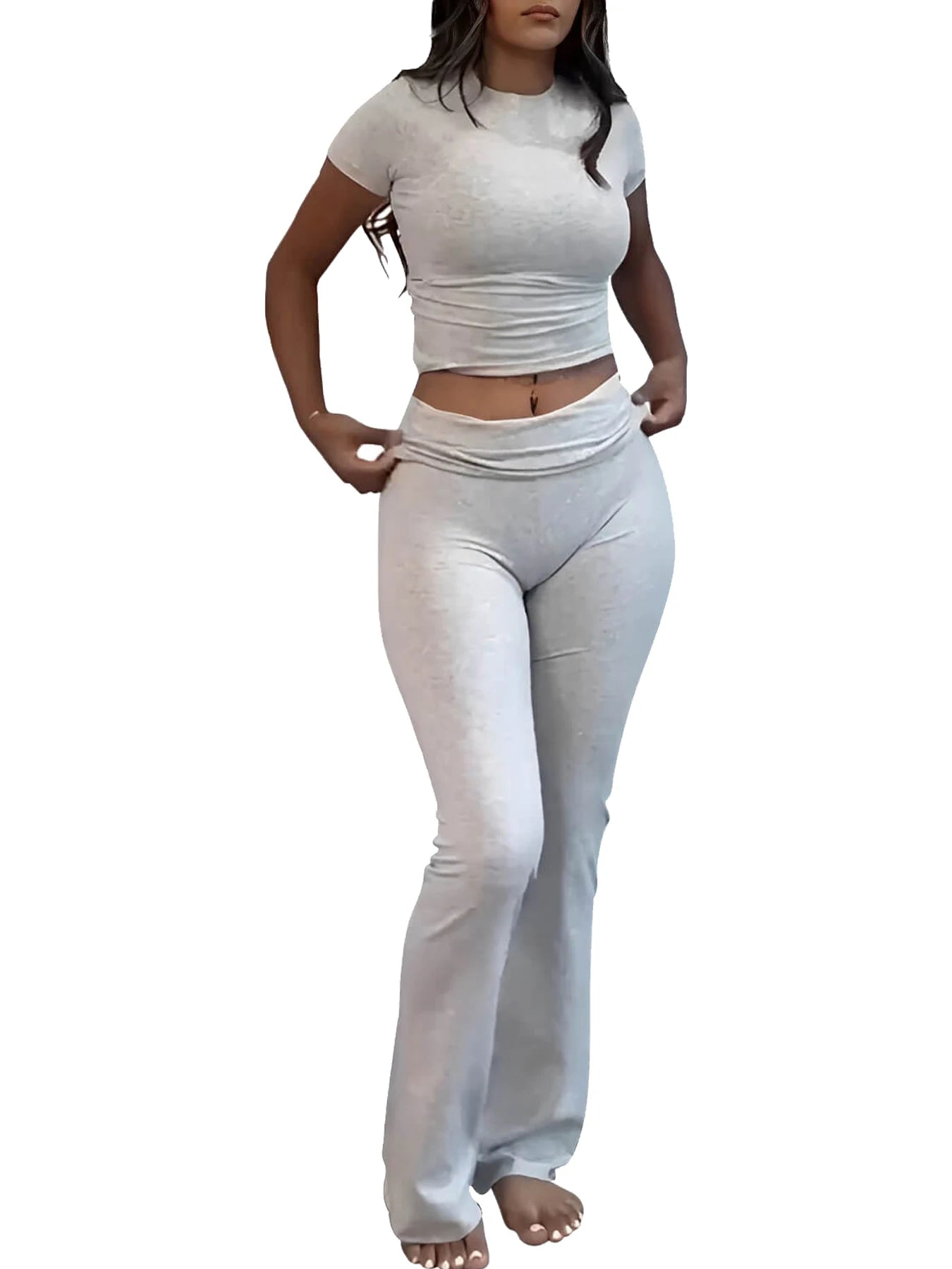 Womens Two Piece Yoga Set Short Sleeve Top Flared Pants