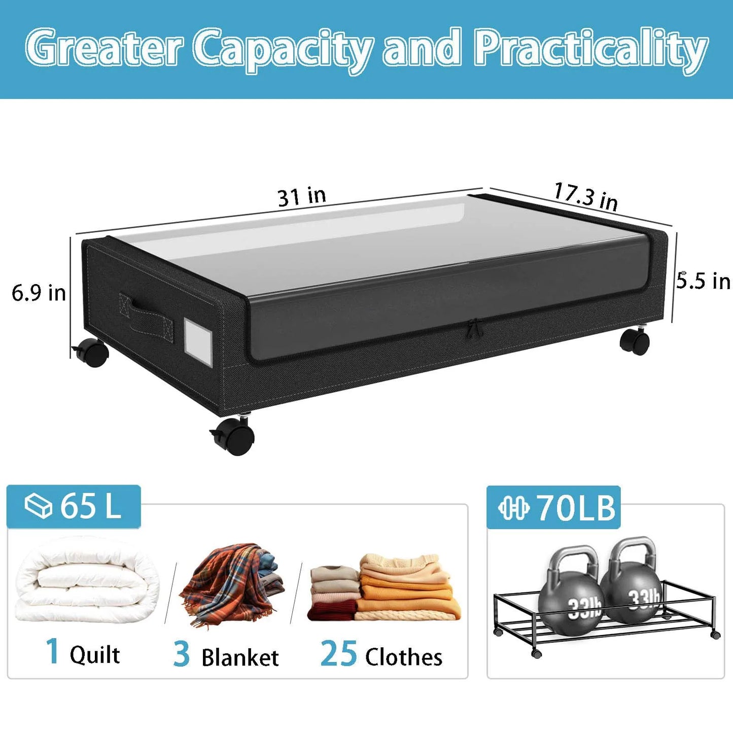 Under Bed Rolling Storage Bins, 2-Pack With Clear Lids