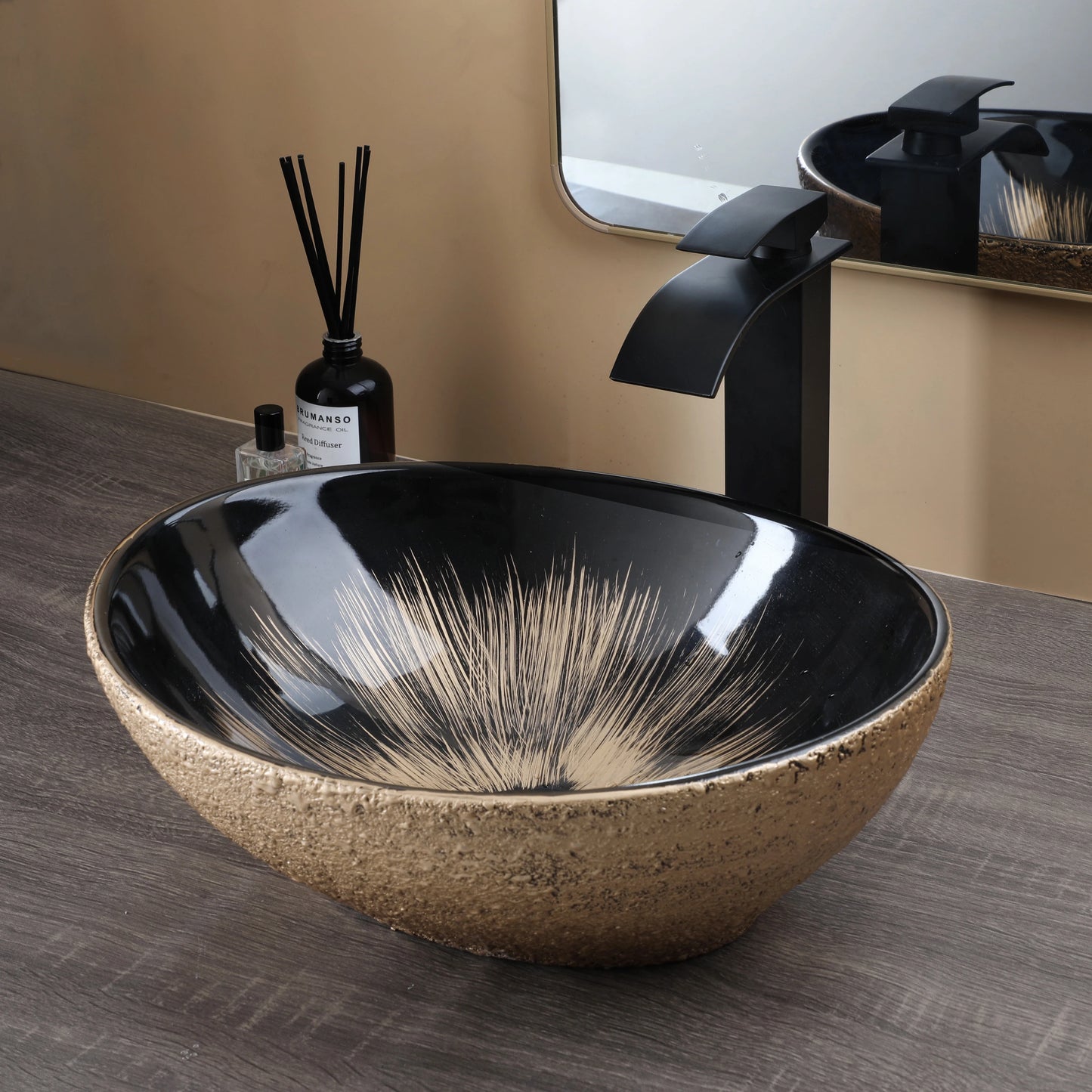 MEKKHALA Marble Oval Vessel Sink With Faucet Above Counter