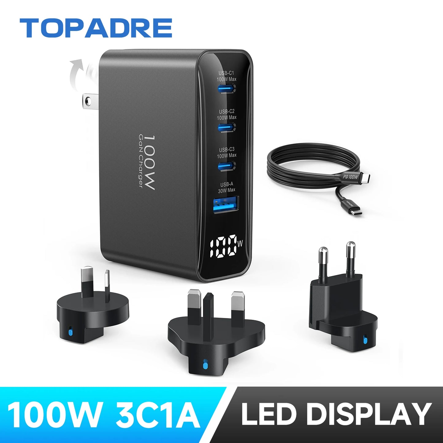 100W USB C Travel Charger With 4 Ports Foldable Plug