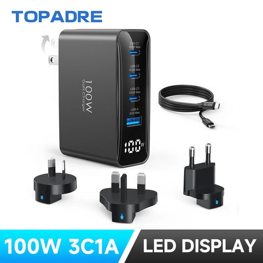 100W USB C Travel Charger With 4 Ports Foldable Plug