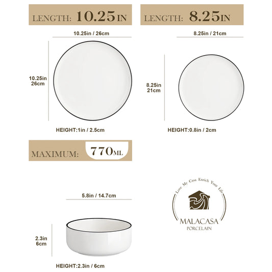 MALACASA Porcelain Dinnerware Set For 4 Ceramic Tableware Collection