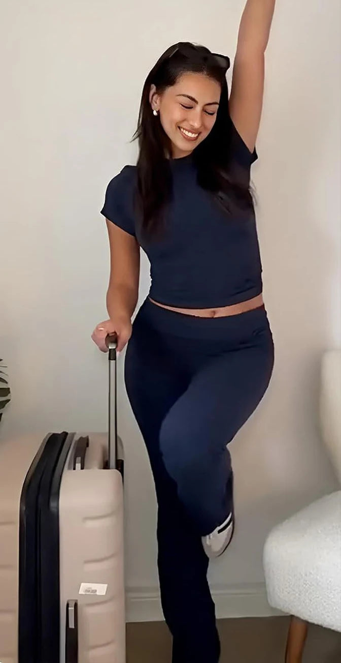 Womens Two Piece Yoga Set Short Sleeve Top Flared Pants